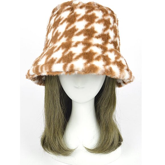 BNWT Brand New Houndstooth Print Faux Fur Bucket Hat - Picture 2 of 5